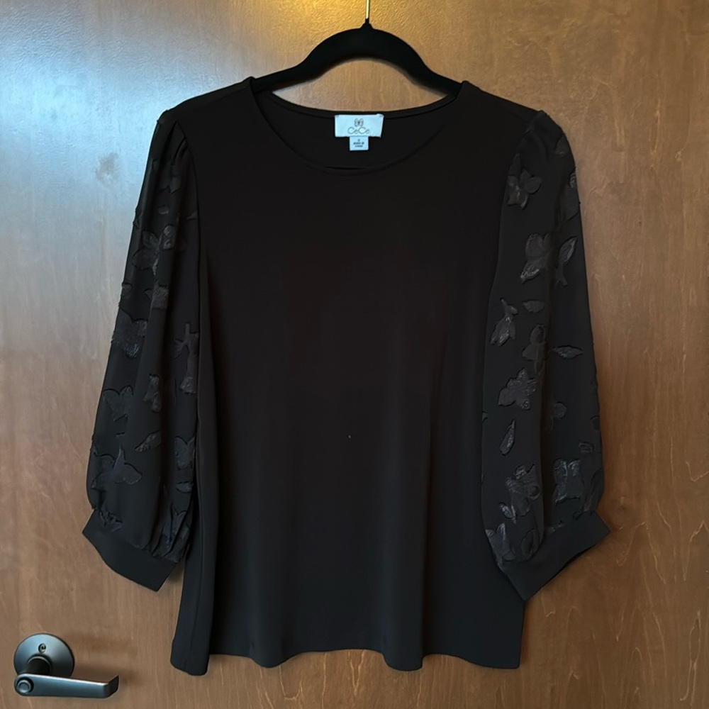 CeCe Black Blouse - Floral Sheer Sleeves